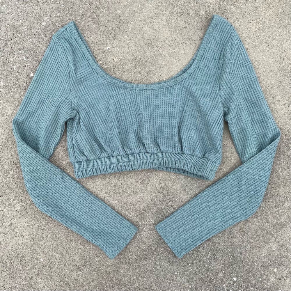 Seafoam Waffle Knit Cropped Scooped Long Sleeve